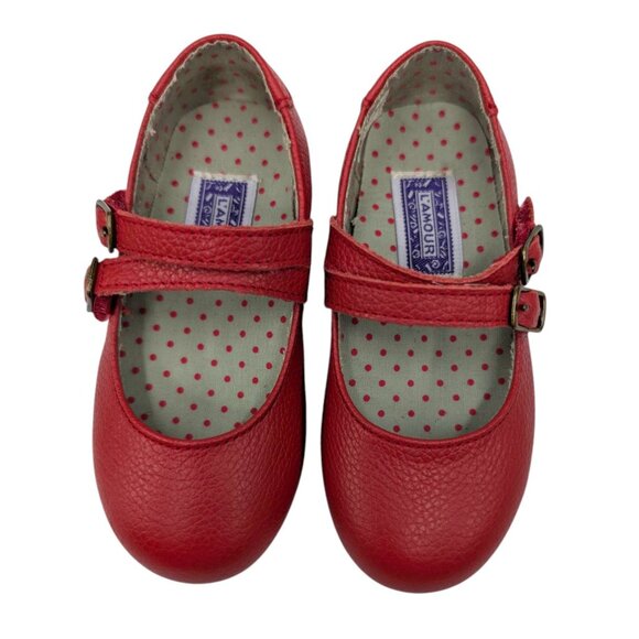 Lamour Pebbled Leather Mary Jane Shoes Girls Red Double Strap Flats Size 6 - Picture 6 of 13